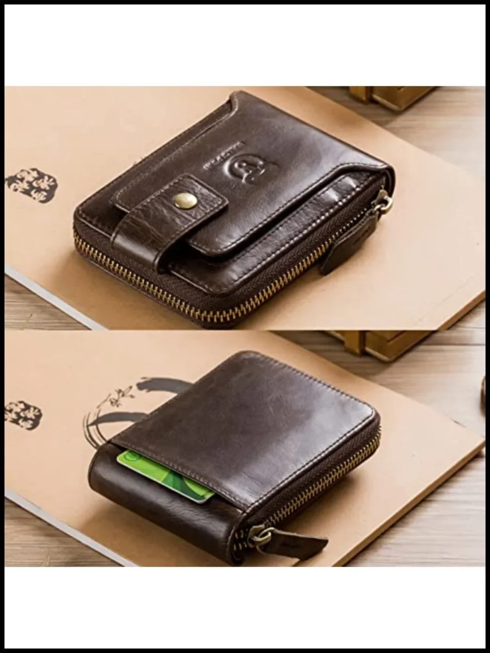 Genuine Leather RFID Blocking Large Capacity Bi-Fold Wallet with Zipper Coin